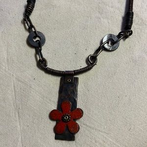 Hand made artist creation one of a kind leather and copper enameled necklace.